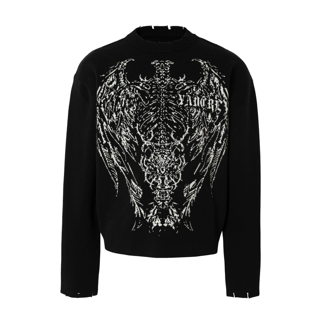 YADcrew Winged Skeleton Print Distressed Knit Sweater | Face 3 Face