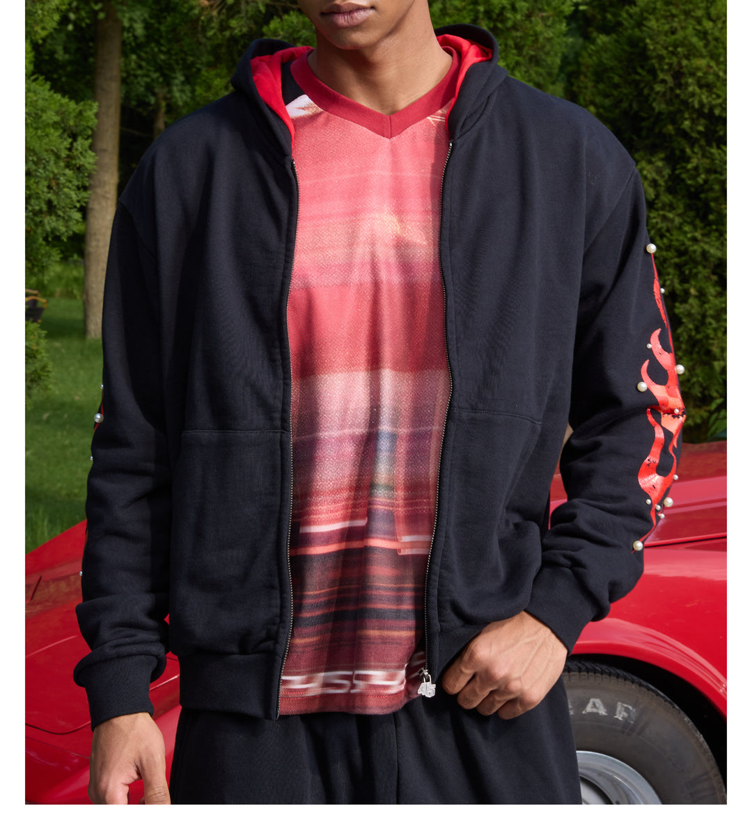 S45 Flame Print Zip Up Hoodie | Face 3 Face