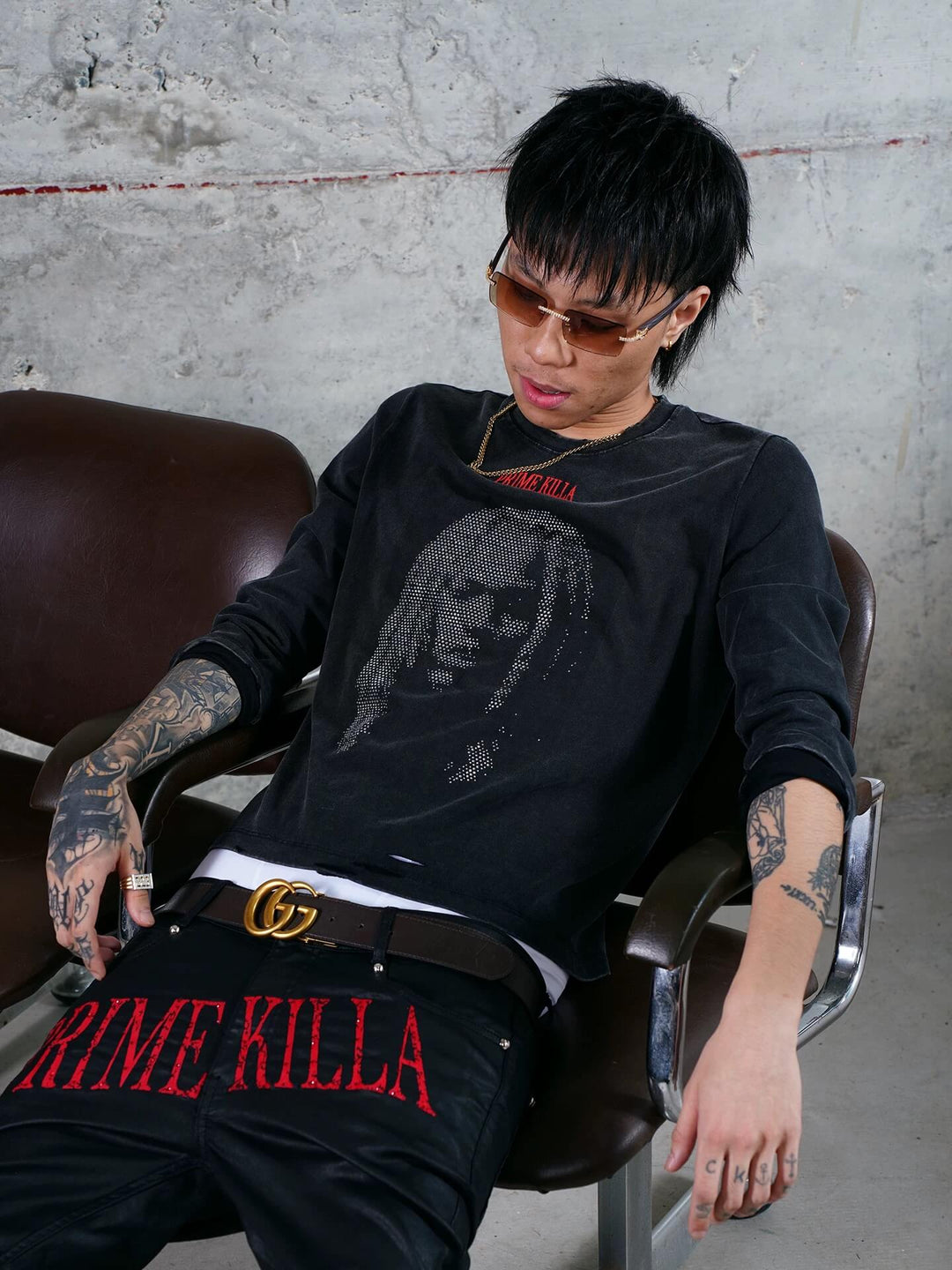 TGFCLUB Rhinestone Portrait Heavy Washed Distressed Long Sleeve Tee | Face 3 Face