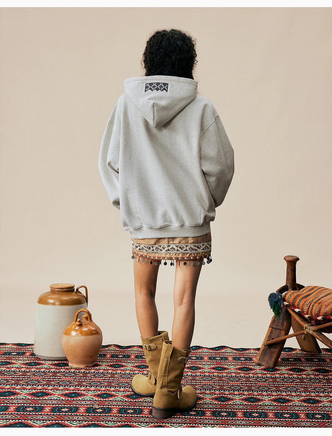 MEDM Ethnic Embroidered Patch Pearl Oversized Hoodie | Face 3 Face