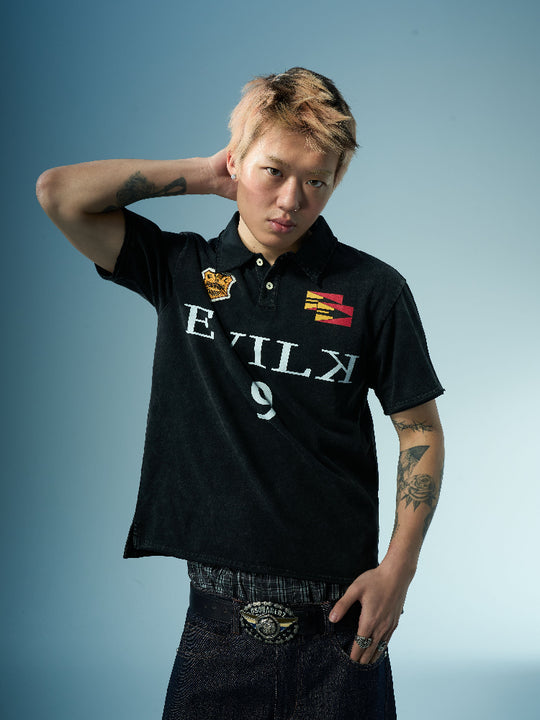 EVILKNIGHT(EK) Embroidered and Logo Printed Washed Polo | Face 3 Face