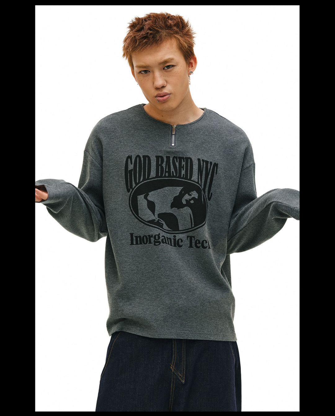 NOVACAM Waffle Vintage Print Zip Long Sleeve Tee | Face 3 Face