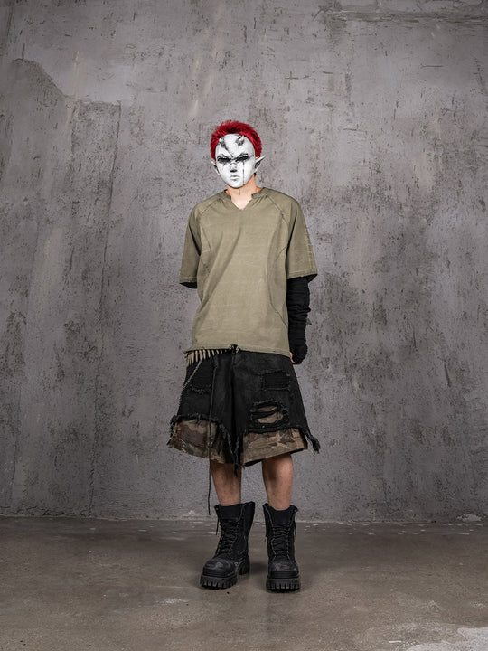 UNDERWATER Dirty Dye Deconstructed Cut-Out V-Neck Tee | Face 3 Face