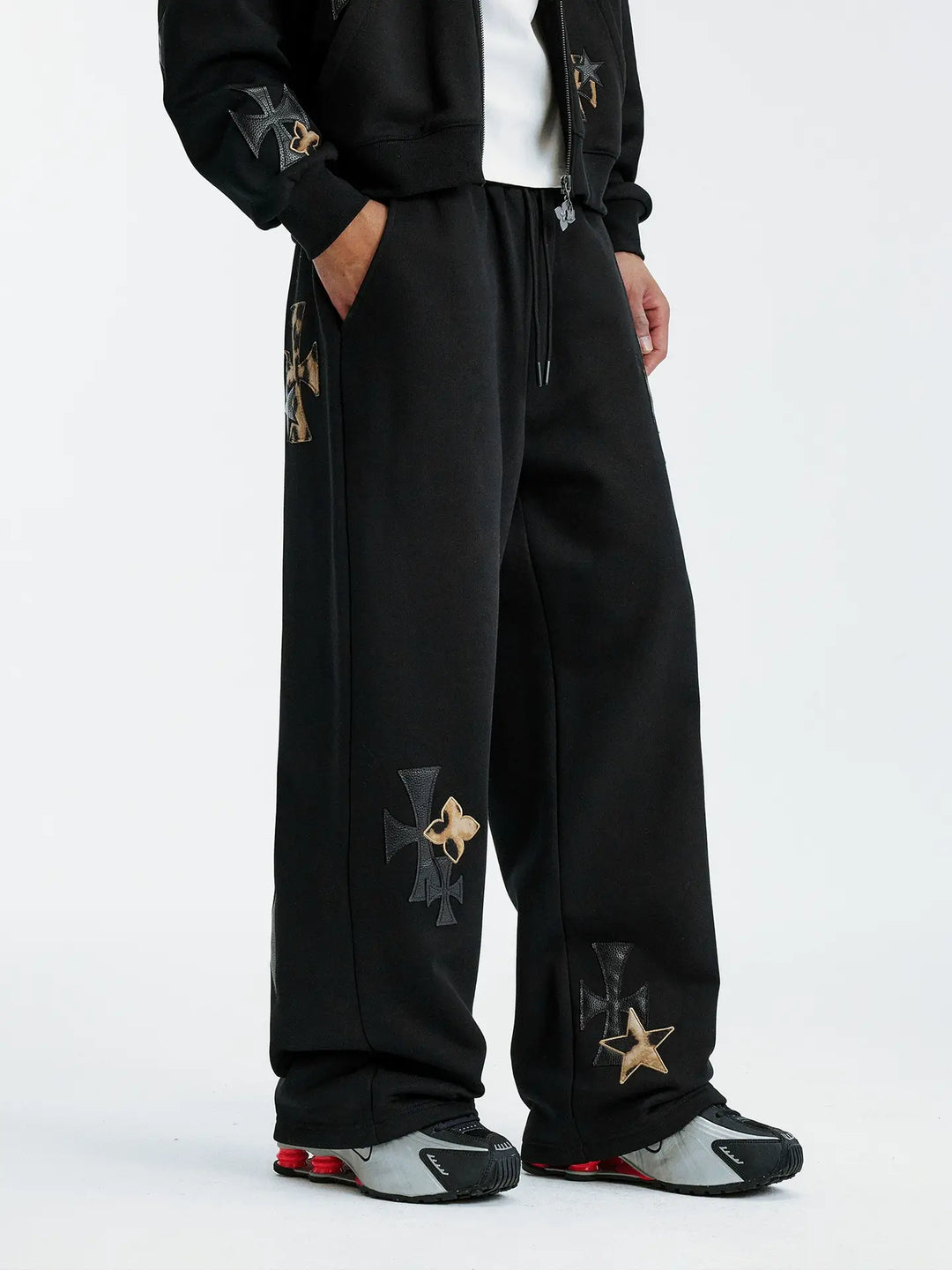 MEDM Leather Cross Star Patchwork Sweatpants | Face 3 Face