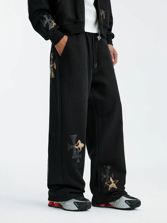 MEDM Leather Cross Star Patchwork Sweatpants | Face 3 Face