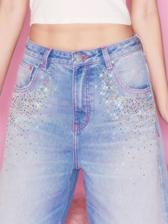 1807 Barbie Collaboration Rhinestone Detail Embroidered Denim Cropped Shorts | Face 3 Face