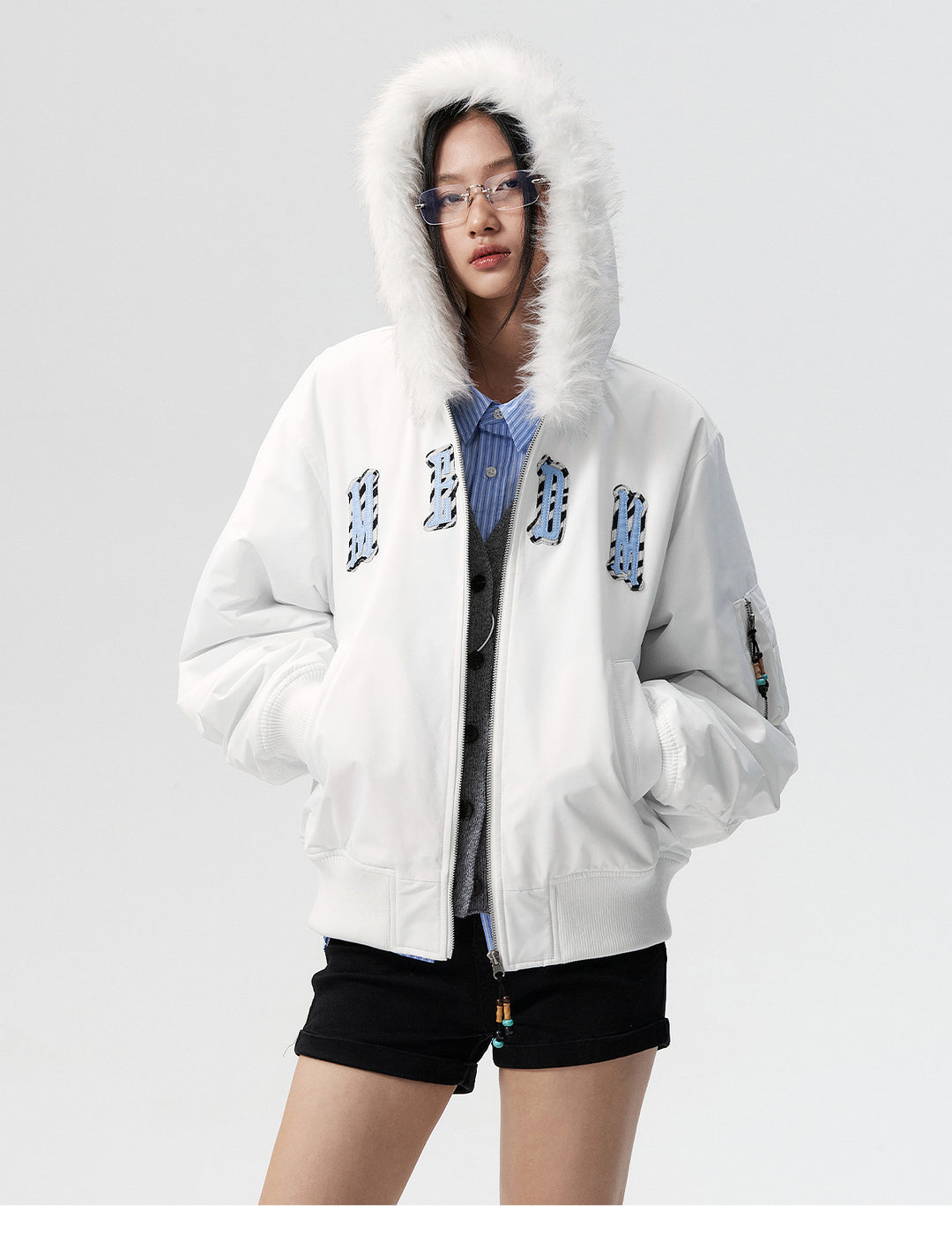 MEDM Animal Logo Patch Fur Hooded Bomber Jacket | Face 3 Face