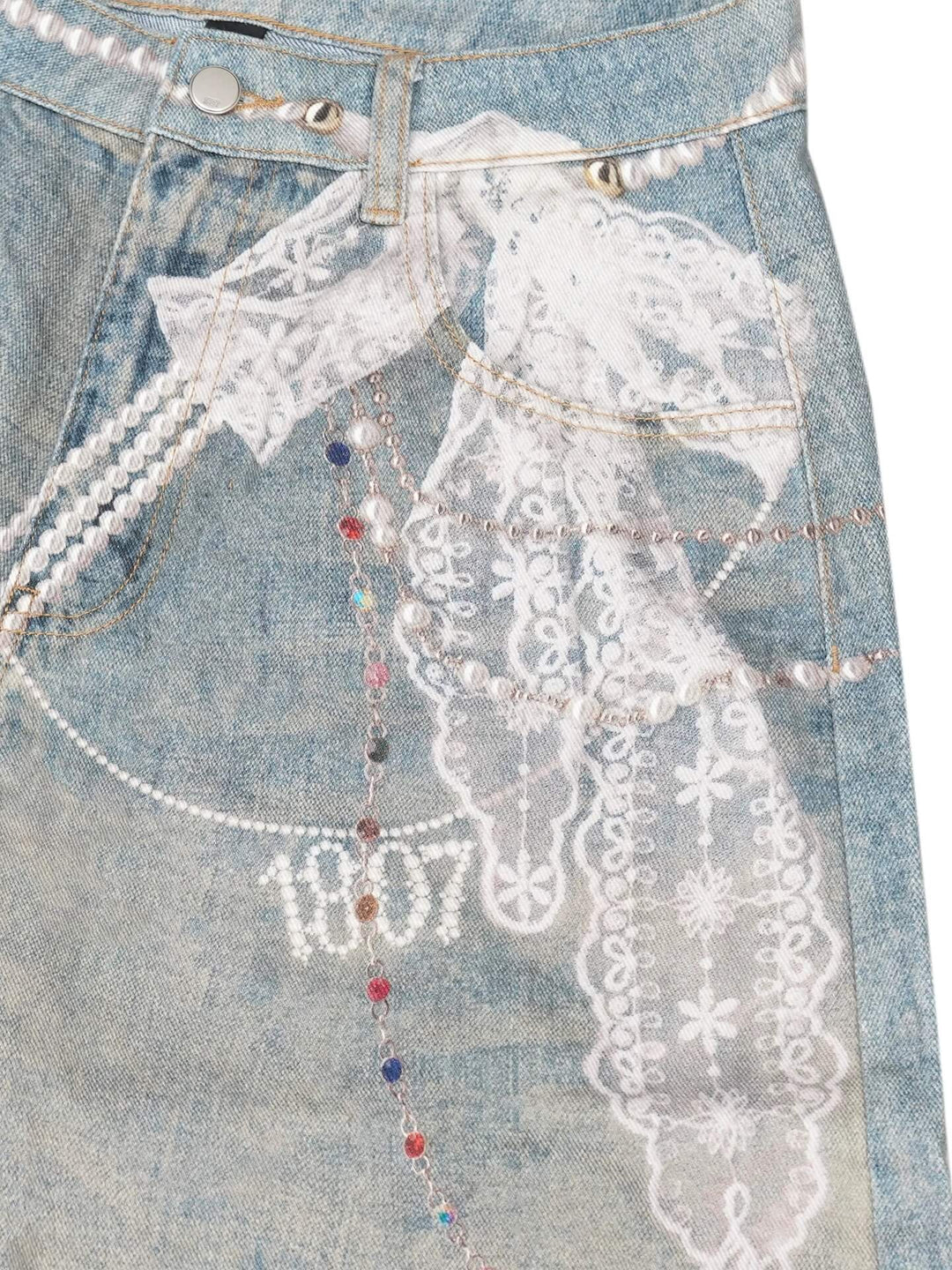 1807 Pearl Denim Transfer Print Cropped Shorts | Face 3 Face