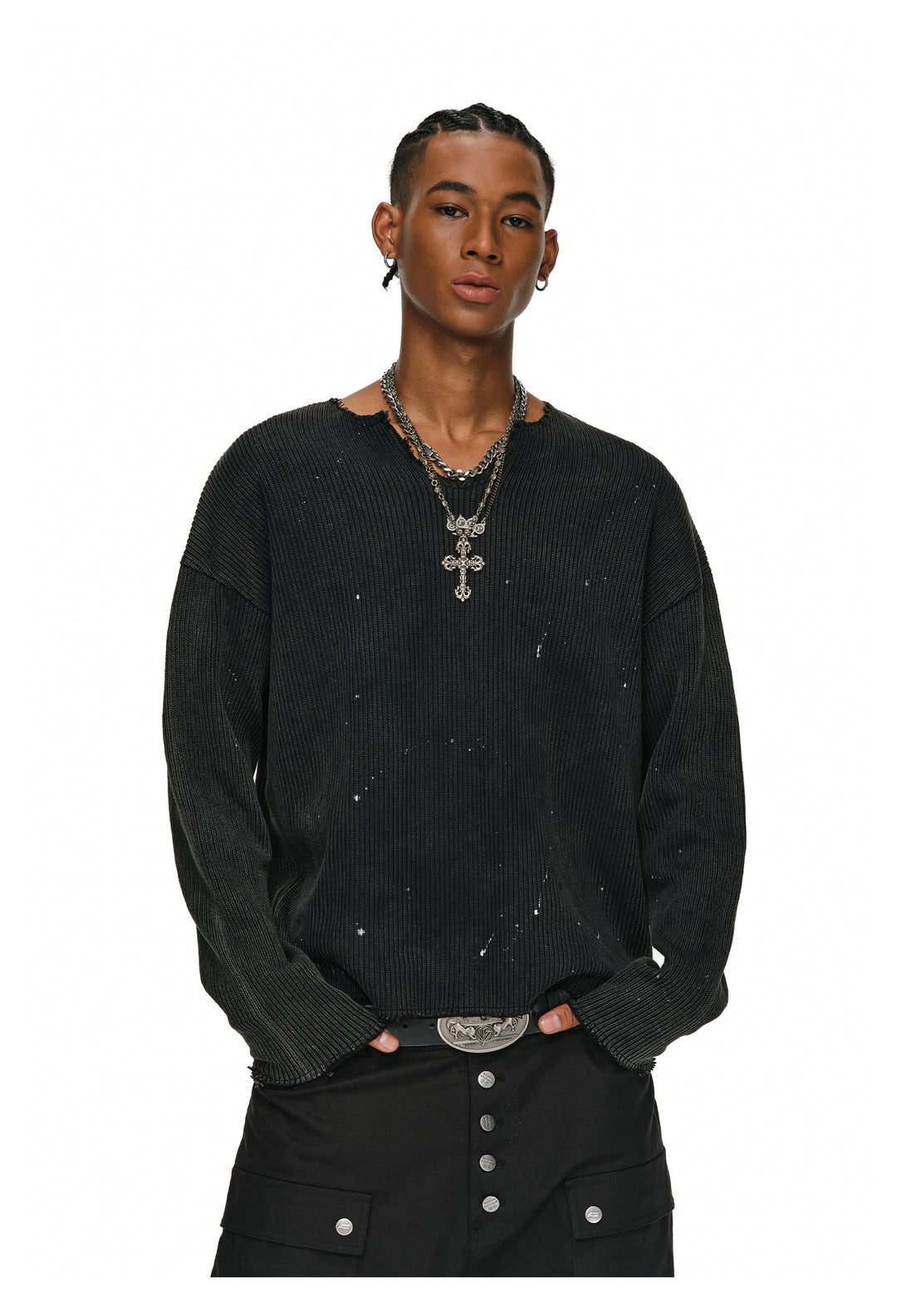 ANTIDOTE Striped Texture Washed Ink Splash Knit Sweater | Face 3 Face