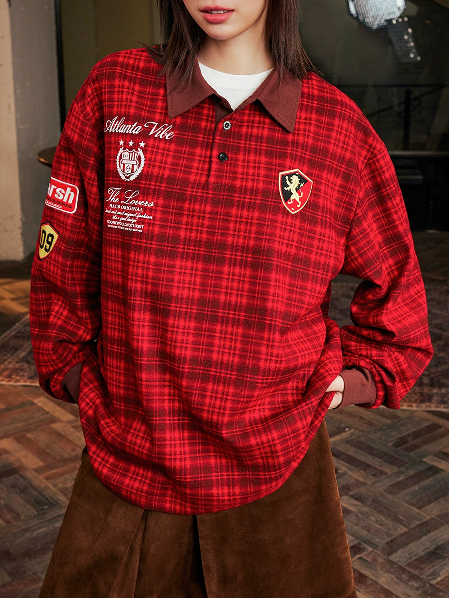 Harsh and Cruel Brushed Tartan Badge Embroidered Long Sleeve Polo | Face 3 Face