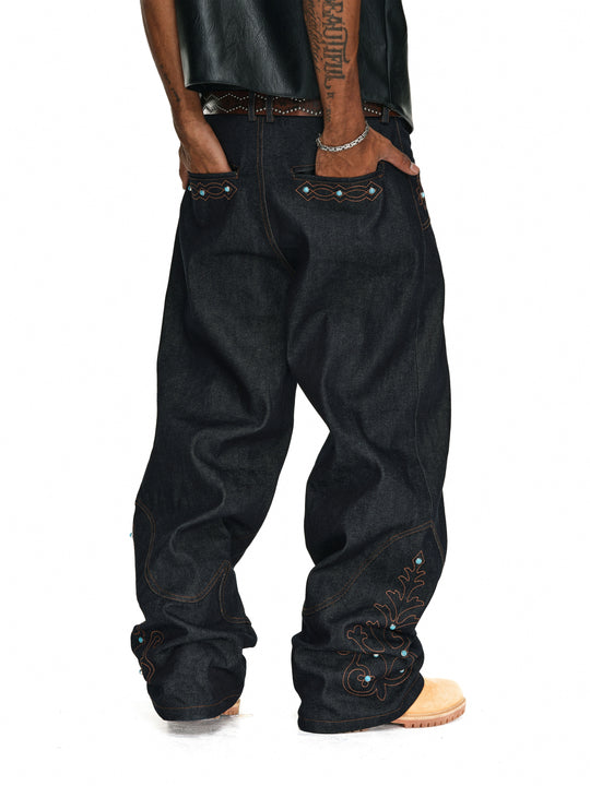 ANTIDOTE Turquoise Studded Embroidered Western Jeans | Face 3 Face