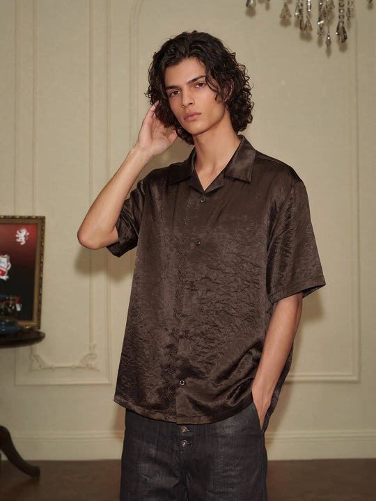 YADcrew Satin Embroidered Cuban Collar Short Sleeve Shirt | Face 3 Face