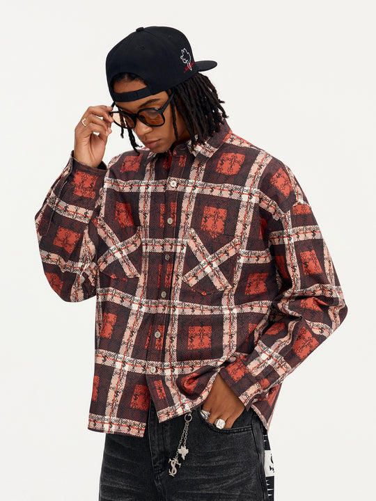 Small Town Kid Cross Logo Original Plaid Full-Print Long Sleeve Shirt | Face 3 Face