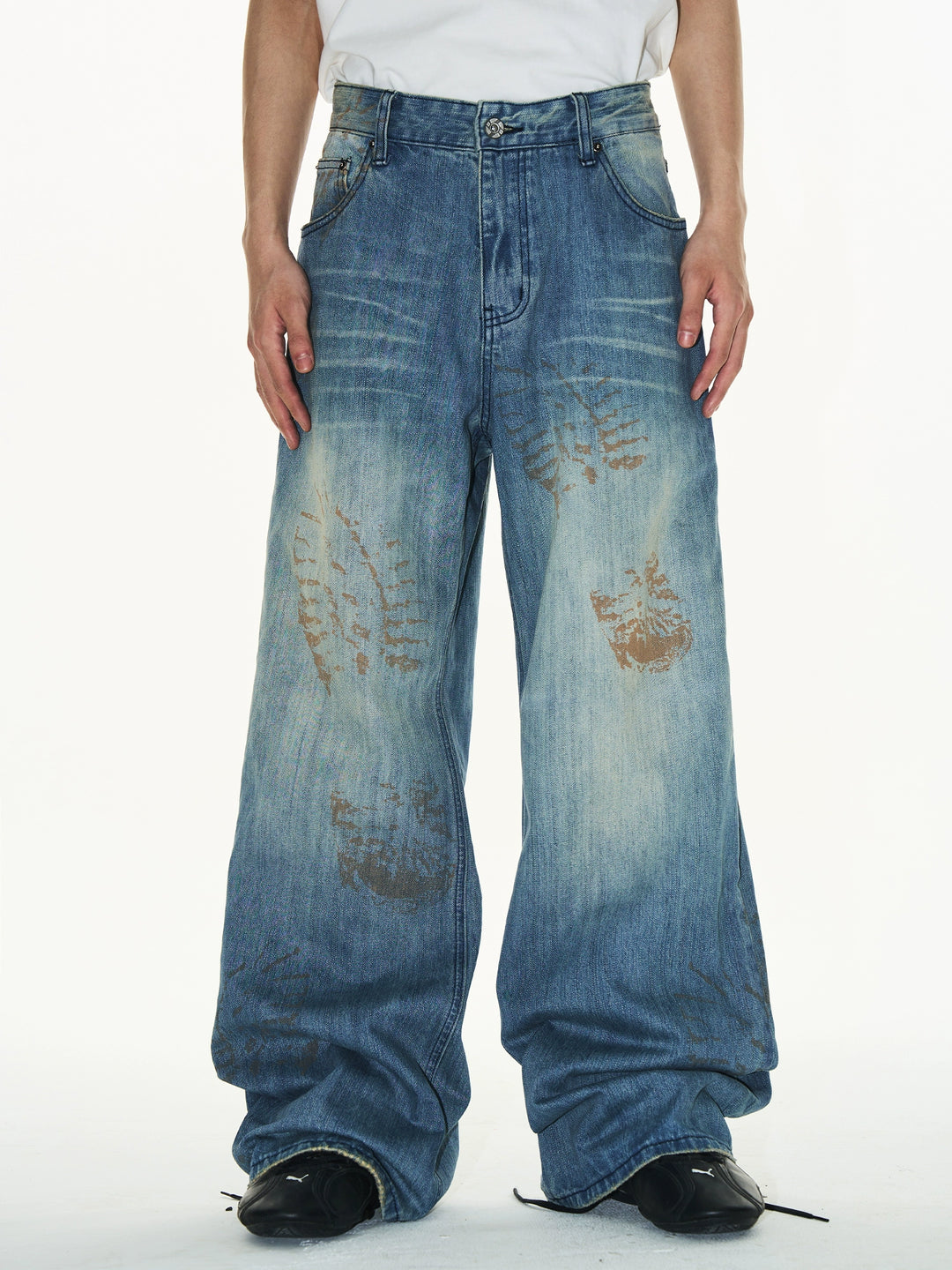 BLIND NO PLAN Washed Blue Footprint Baggy Jeans | Face 3 Face