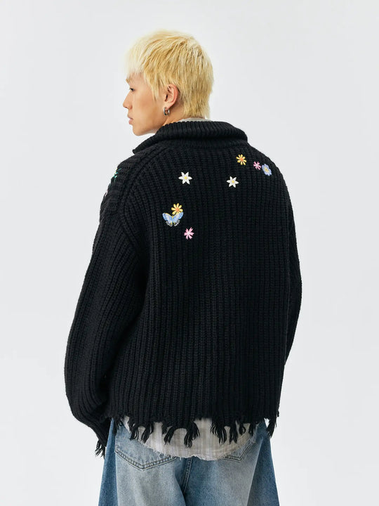 MEDM Frayed Hem Floral Embroidered Knit Cardigan | Face 3 Face