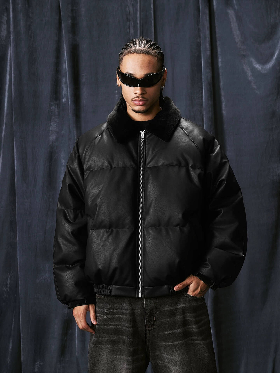 1807 Fur Collar PU Leather Down Jacket | Face 3 Face