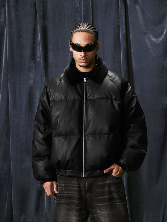 1807 Fur Collar PU Leather Down Jacket | Face 3 Face