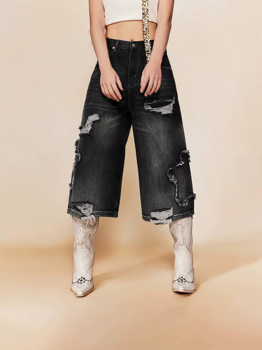 1807 Star Patch Washed Distressed Denim Cropped Shorts | Face 3 Face