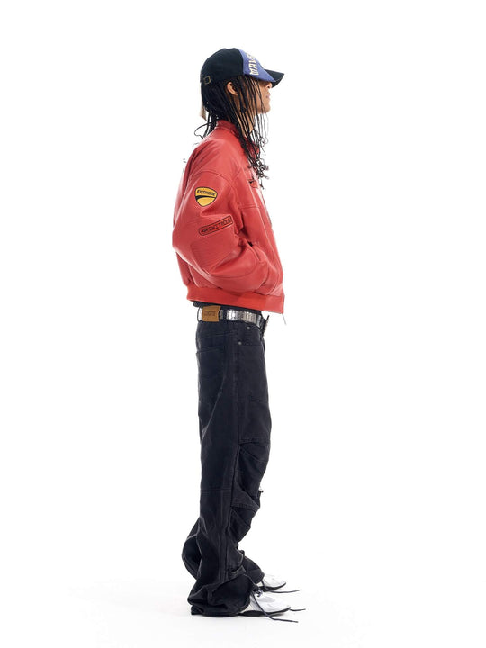 EXITMODE BY BLIND NO PLAN Embroidered Patch PU Leather Short Racing Jacket | Face 3 Face
