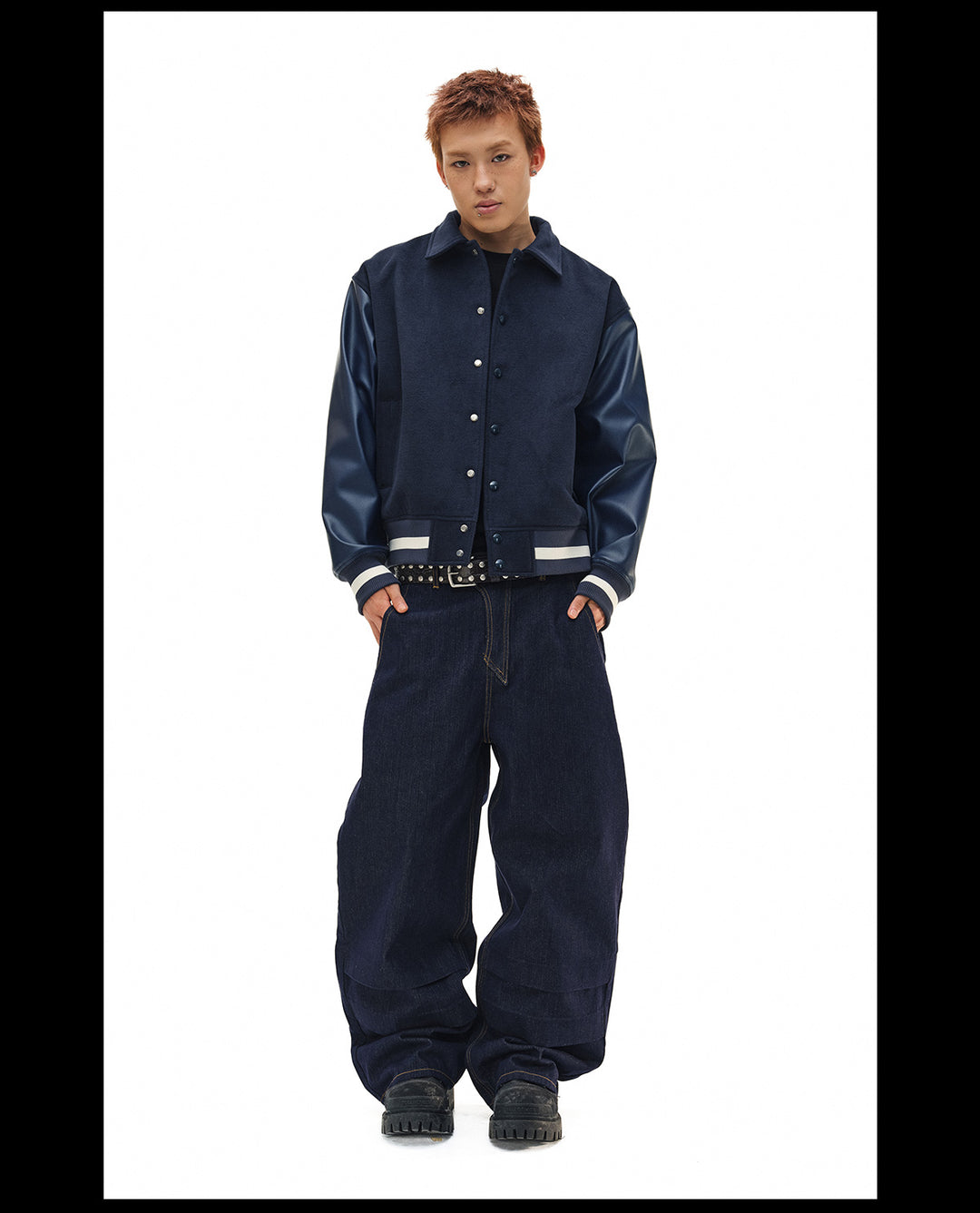 NOVACAM Navy Blue Short Basic Varsity Jacket | Face 3 Face