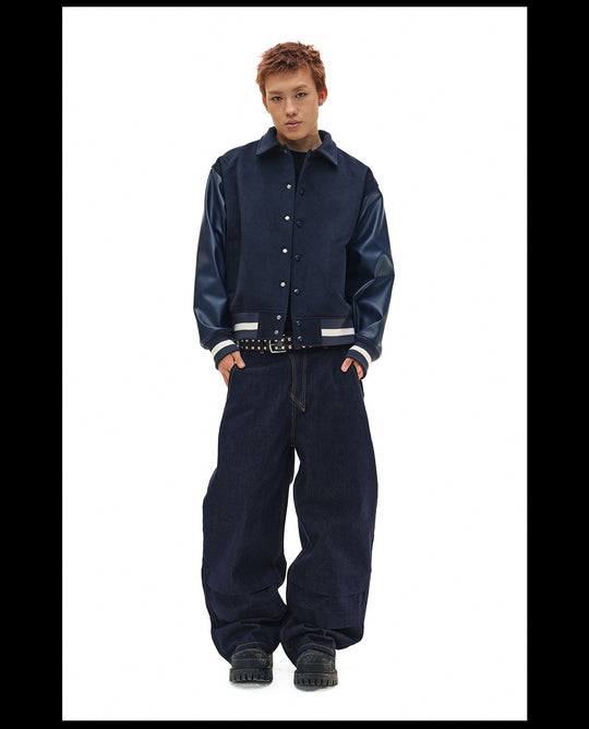 NOVACAM Navy Blue Short Basic Varsity Jacket | Face 3 Face