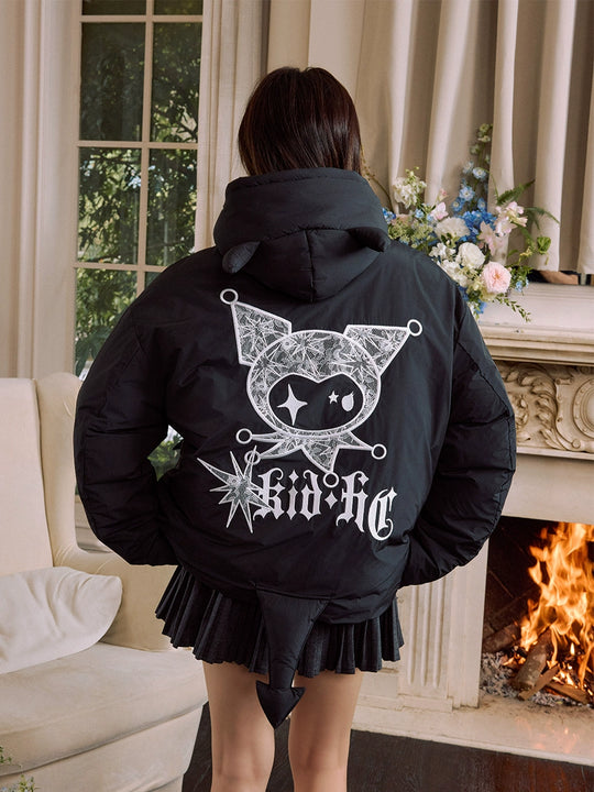 Harsh and Cruel Devil Lace Patch Embroidery Hooded Puffer Jacket | Face 3 Face