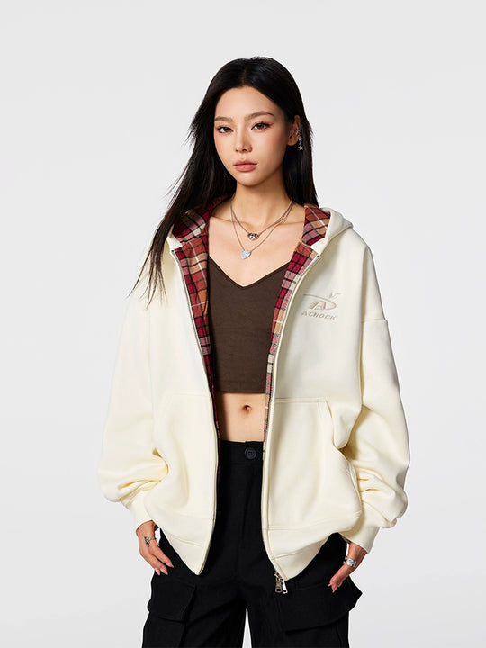 Achock Logo Embroidery Plaid Lining Zip Up Hoodie | Face 3 Face