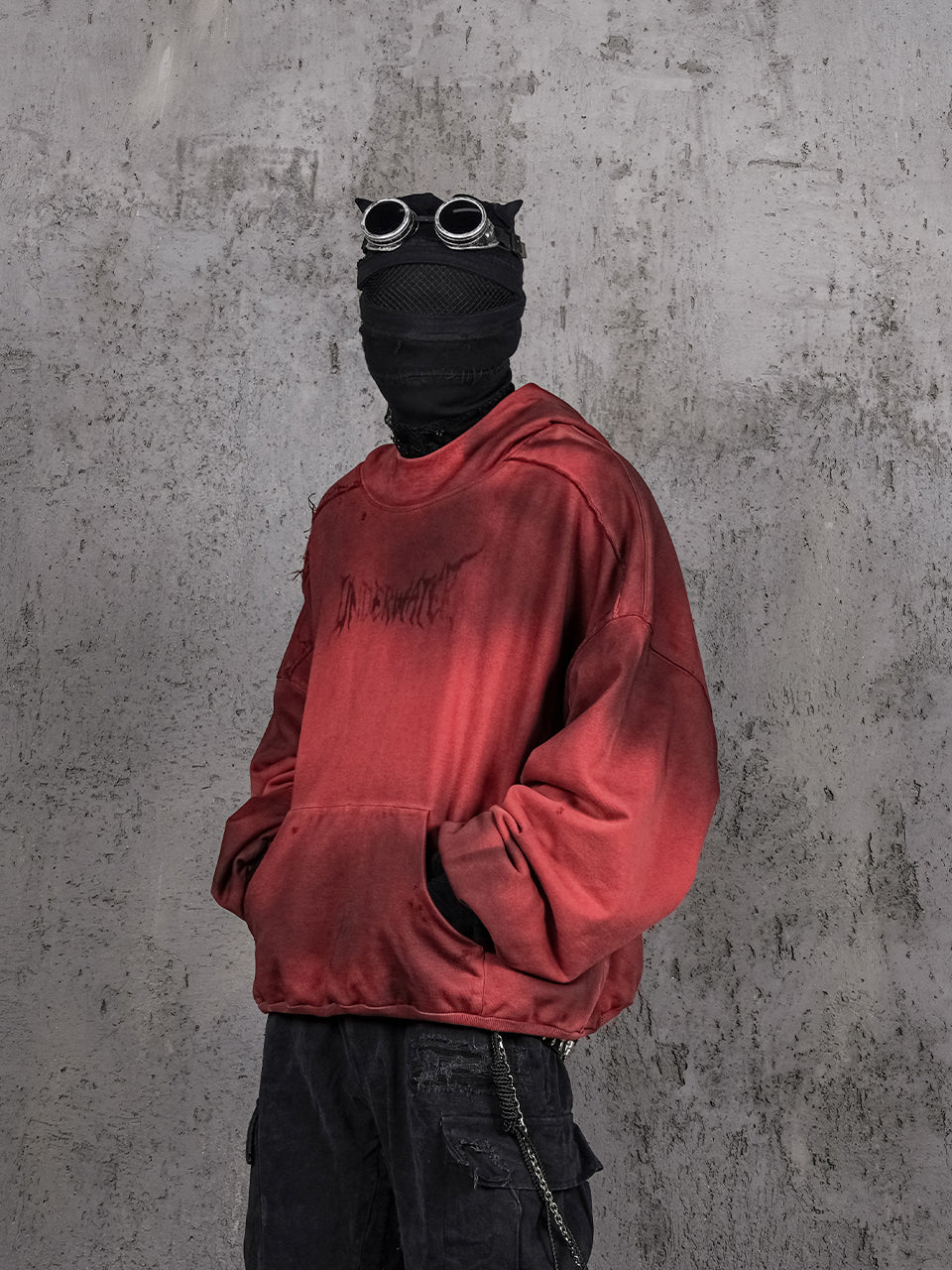 UNDERWATER Ashes Red Dirty Dye Old Deconstructed Destruction Hoodie | Face 3 Face