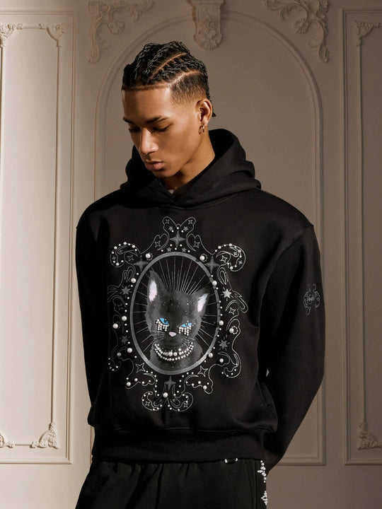 YADcrew Black Cat Print Pearl Hoodie | Face 3 Face