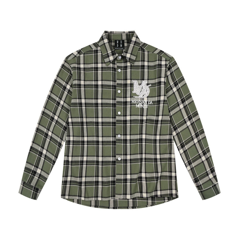 MEDM Green Pearl Embroidery Plaid Long Sleeve Shirt | Face 3 Face