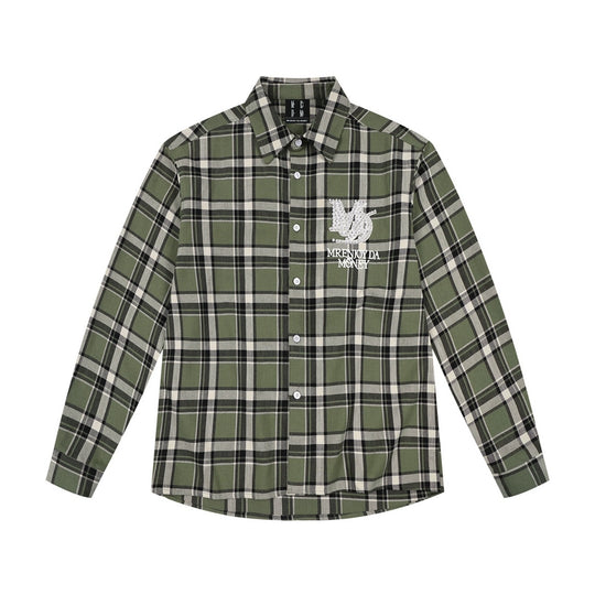 MEDM Green Pearl Embroidery Plaid Long Sleeve Shirt | Face 3 Face