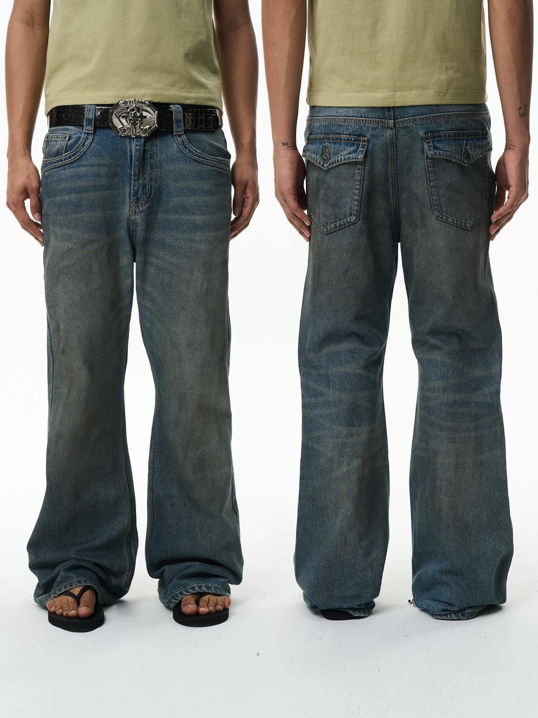 EXITMODE BY BLIND NO PLAN Washed Distressed Back Flap Pocket Flared Jeans | Face 3 Face