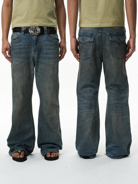 EXITMODE BY BLIND NO PLAN Washed Distressed Back Flap Pocket Flared Jeans | Face 3 Face