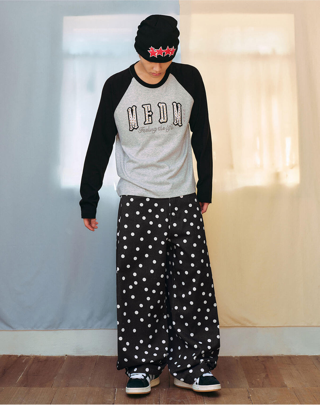 MEDM All Over Polka Dot Print Curved Baggy Pants | Face 3 Face