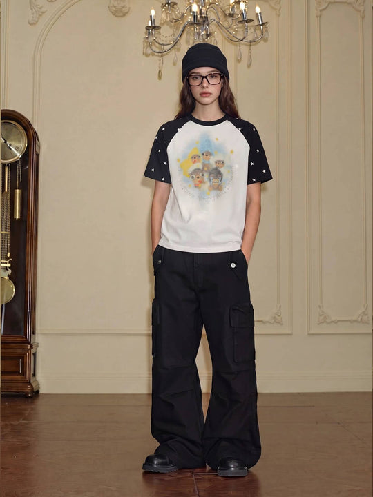 YADcrew Cartoon Dog Print Star Raglan Color Block Tee | Face 3 Face