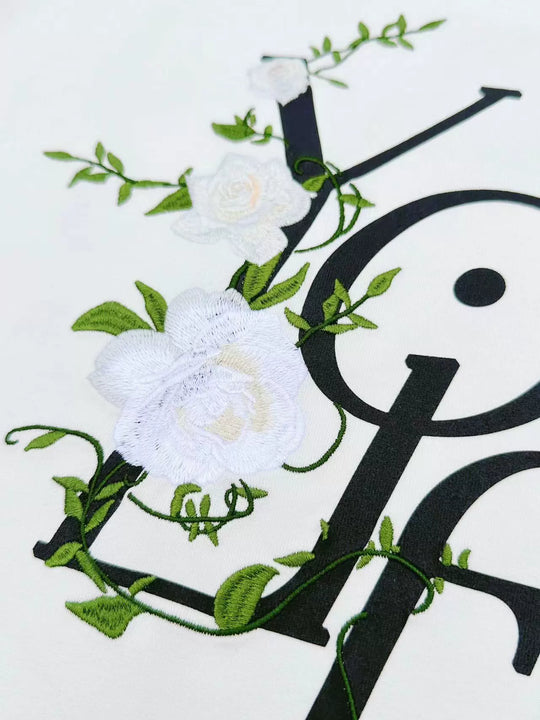 MEDM 3D Flower Embroidered Letter Print Tee | Face 3 Face