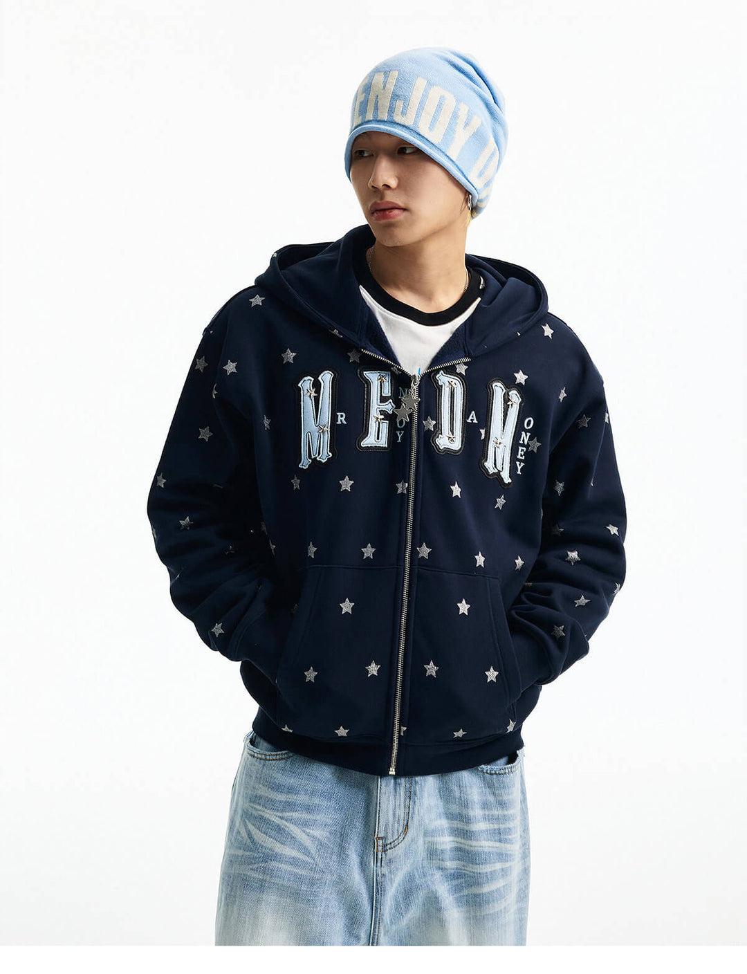 MEDM All Over Glitter Star Print Logo Patch Zip Up Hoodie | Face 3 Face