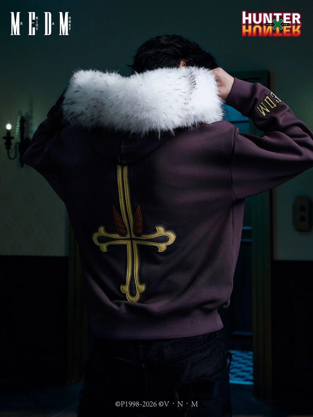 MEDM × HUNTER×HUNTER Kuroro Inverted Cross Patch Faux Fur Hood Zip Up Hoodie
