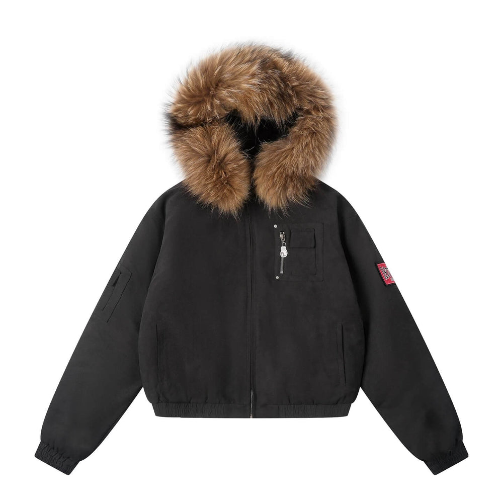 1807 Faux Fur Hood Trim Bomber Jacket | Face 3 Face