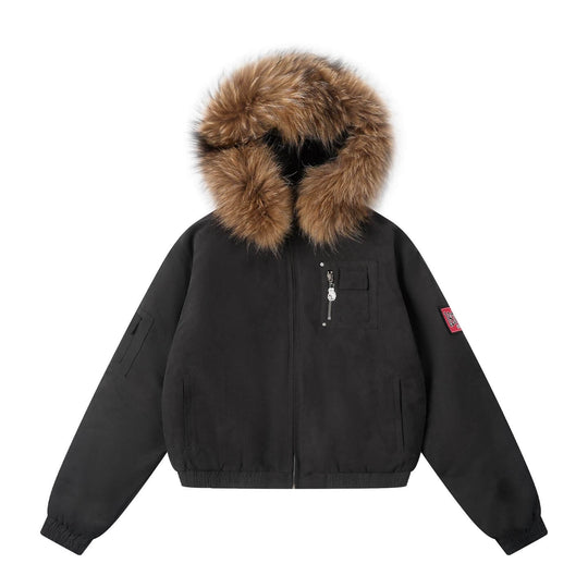 1807 Faux Fur Hood Trim Bomber Jacket | Face 3 Face