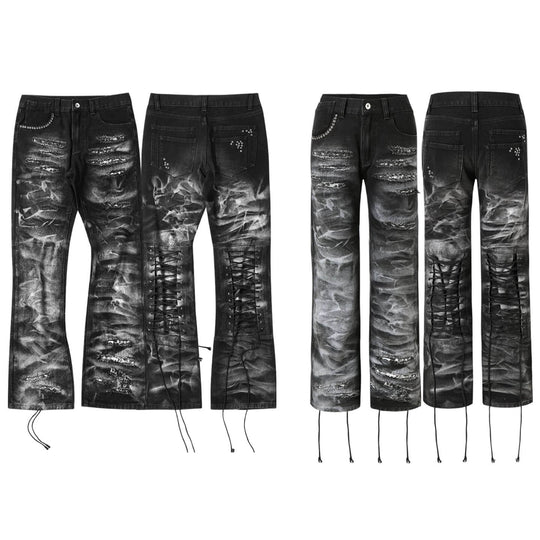 Night Lab Studded Lace Up Heavy Washed Distressed Jeans | Face 3 Face