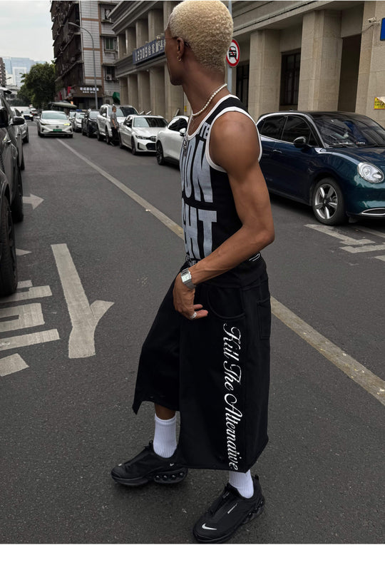 STEEPC Reconstructed Distressed Patchwork Cutoff Baggy Sweat Shorts | Face 3 Face