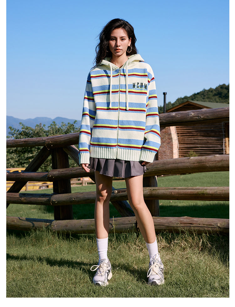 MEDM Colorful Stripes Zip-Up Knit Hoodie | Face 3 Face