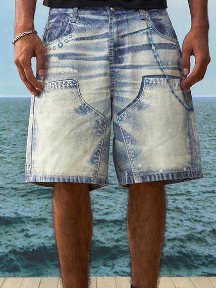 YADcrew Turquoise Double Knee Print Denim Shorts | Face 3 Face