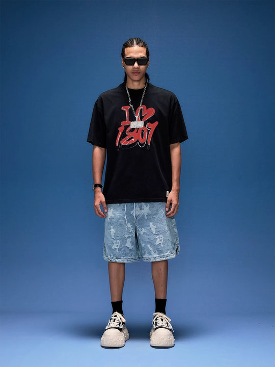 1807 I Love Graffiti Print Distressed Short Sleeve Tee | Face 3 Face