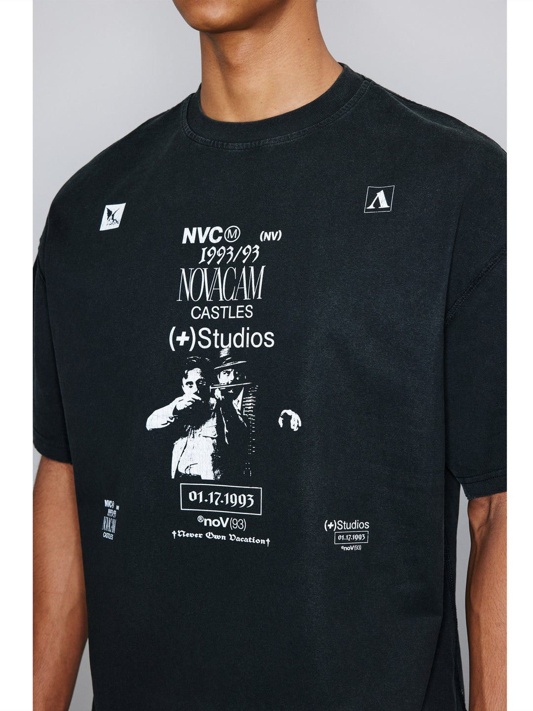 NOVACAM Vintage Washed Crackle Print Reverse Stitching Tee | Face 3 Face