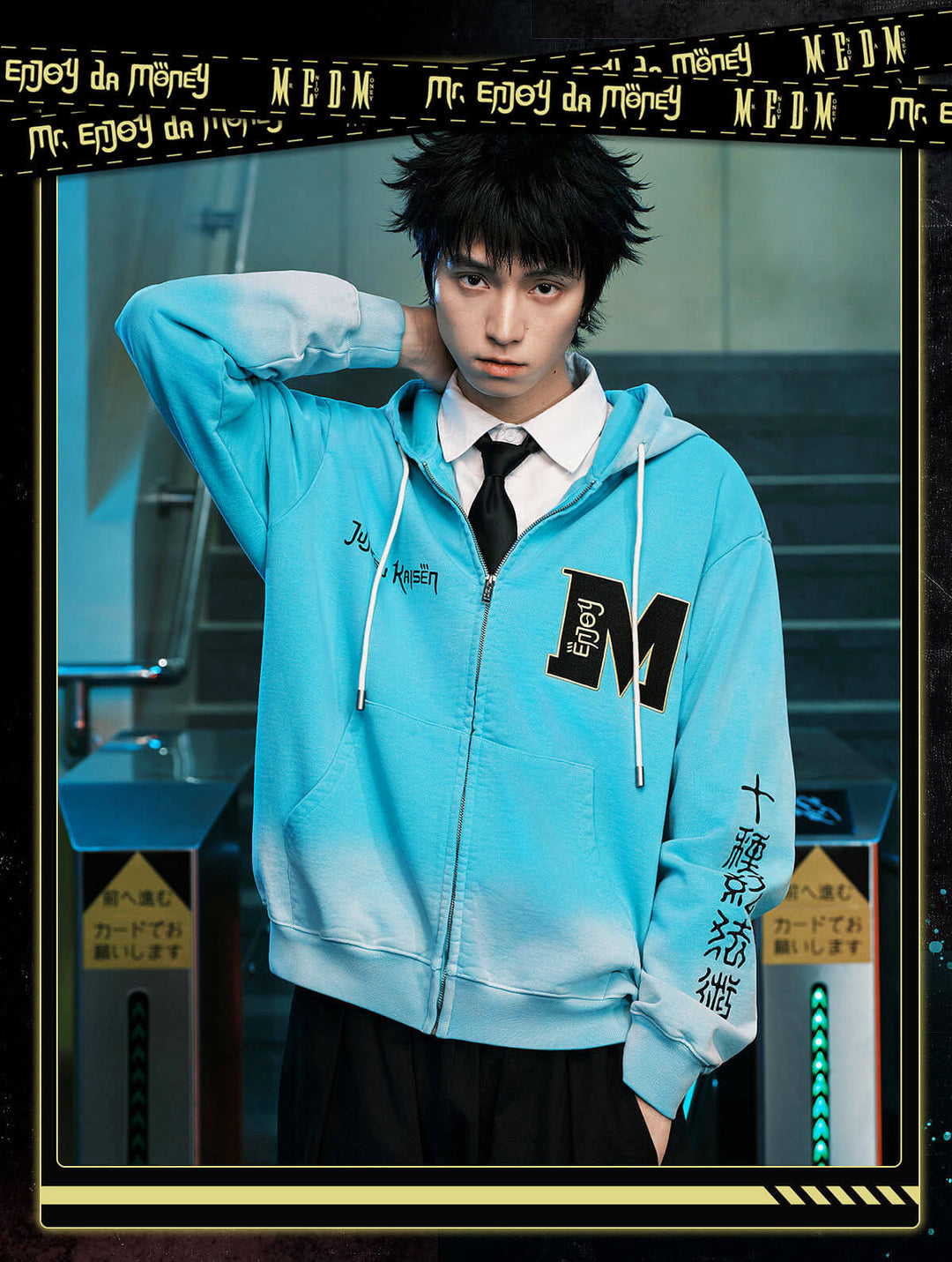 MEDM × Jujutsu Kaisen Washed Character Print Embroidered Zip Up Hoodie | Face 3 Face