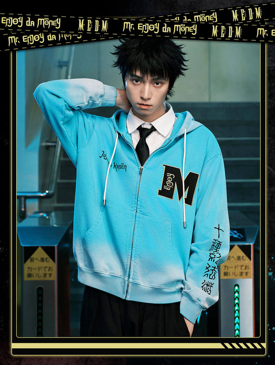 MEDM × Jujutsu Kaisen Washed Character Print Embroidered Zip Up Hoodie | Face 3 Face