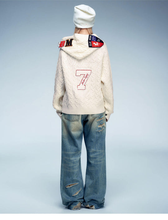 MEDM Patch Applique Zip Up Knit Hoodie | Face 3 Face