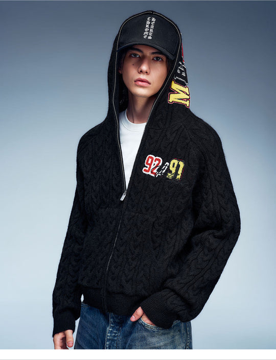 MEDM Patch Applique Zip Up Knit Hoodie | Face 3 Face